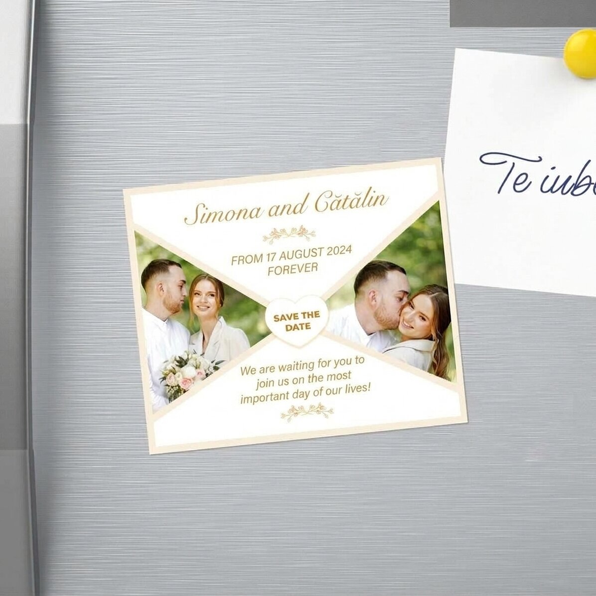 Magnete personalizzato 12x10 cm con 2 foto e testo - Save the date