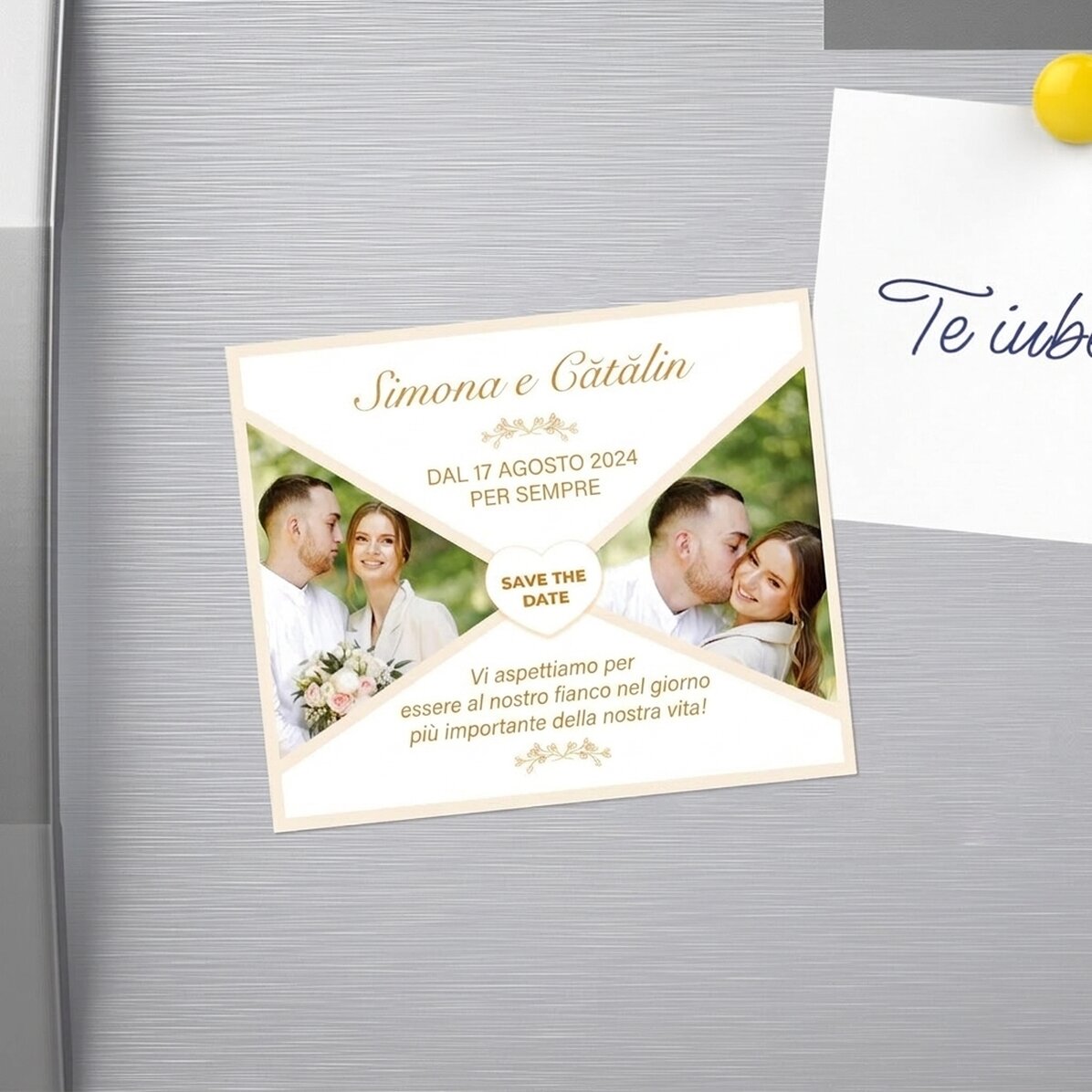 Magnete personalizzato 12x10 cm con 2 foto e testo - Save the date