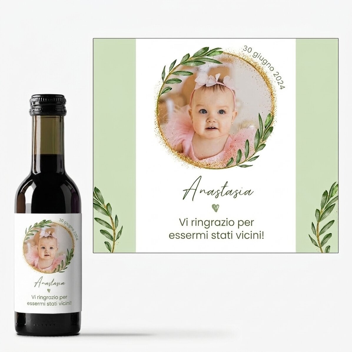 Mini bottiglietta di vino personalizzata con una foto e una dedica - Bomboniera per il battesimo