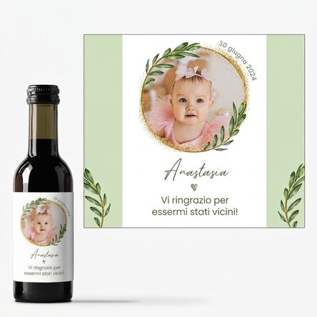 Mini bottiglietta di vino personalizzata con una foto e una dedica - Bomboniera per il battesimo