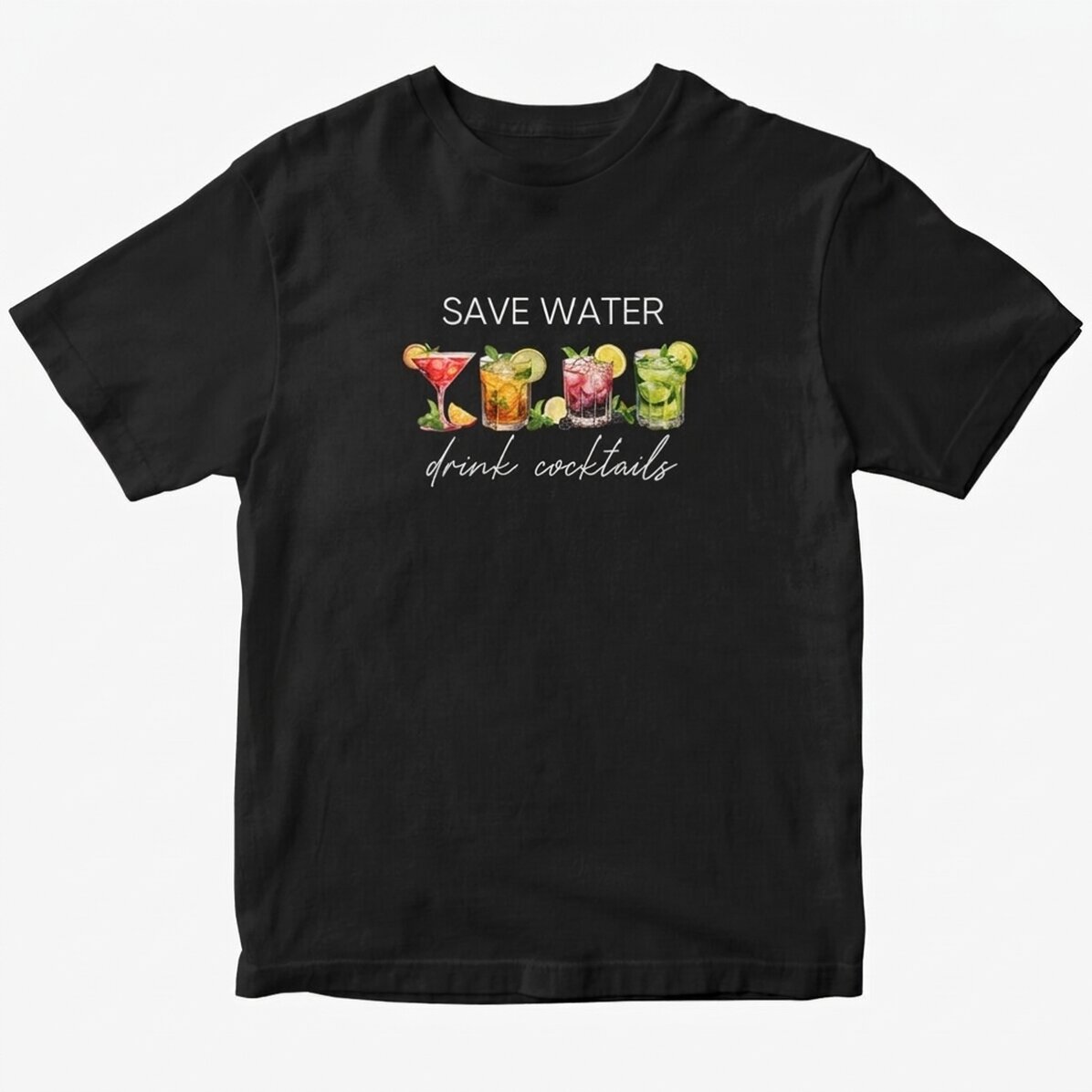 Maglietta in cotone personalizzata con la scritta "Save water, drink cocktails"