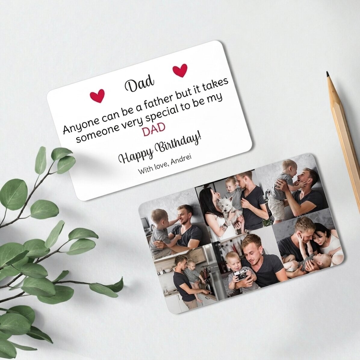 Tessera in alluminio personalizzata fronte-retro con 6 foto e testo
