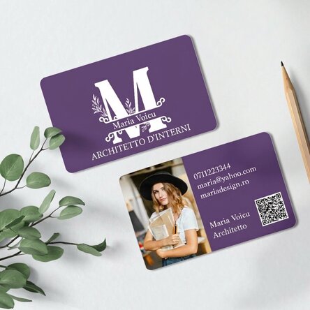 Biglietto da visita in alluminio personalizzato fronte-retro con foto, messaggio e codice QR - Monog