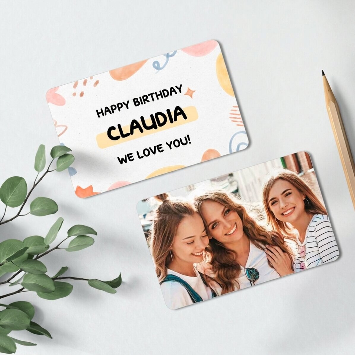 Biglietto in alluminio personalizzato fronte-retro con messaggio e foto - Compleanno