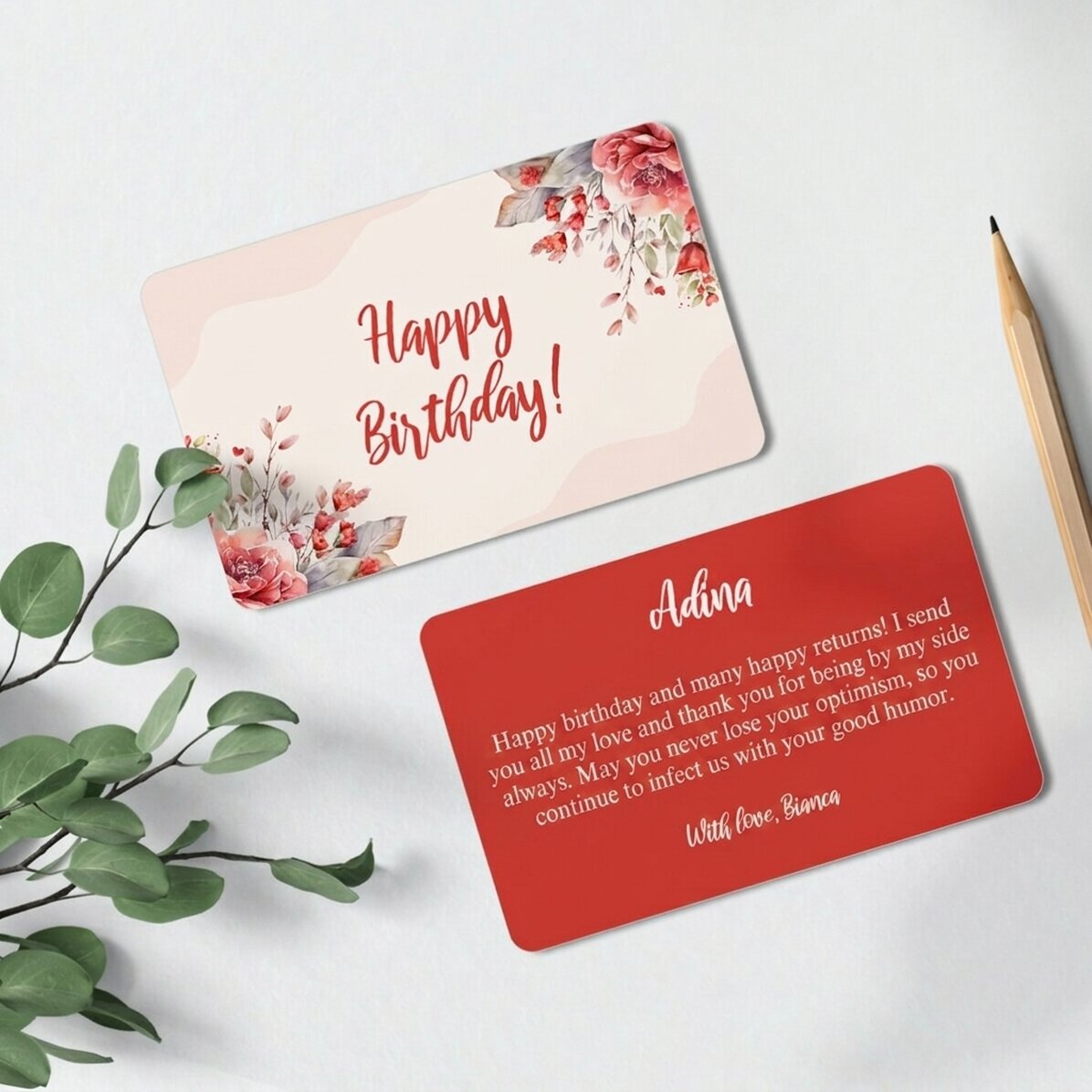 Biglietto in alluminio personalizzato fronte-retro con messaggio - Buon compleanno!