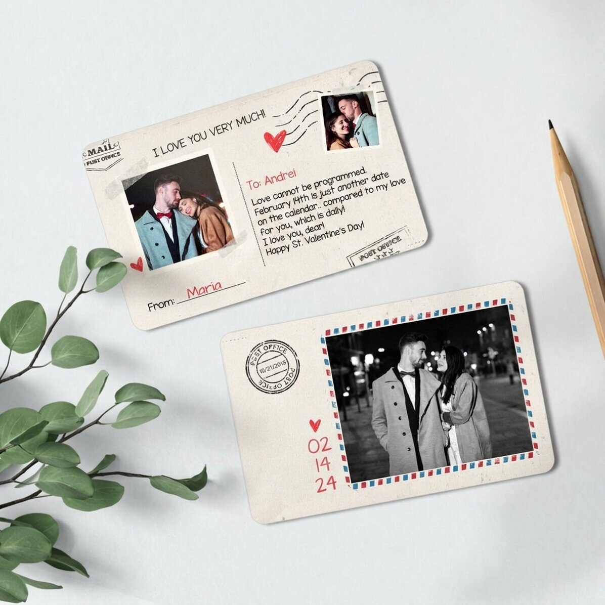 Biglietto in alluminio personalizzato fronte-retro con testo e due foto - Cartolina