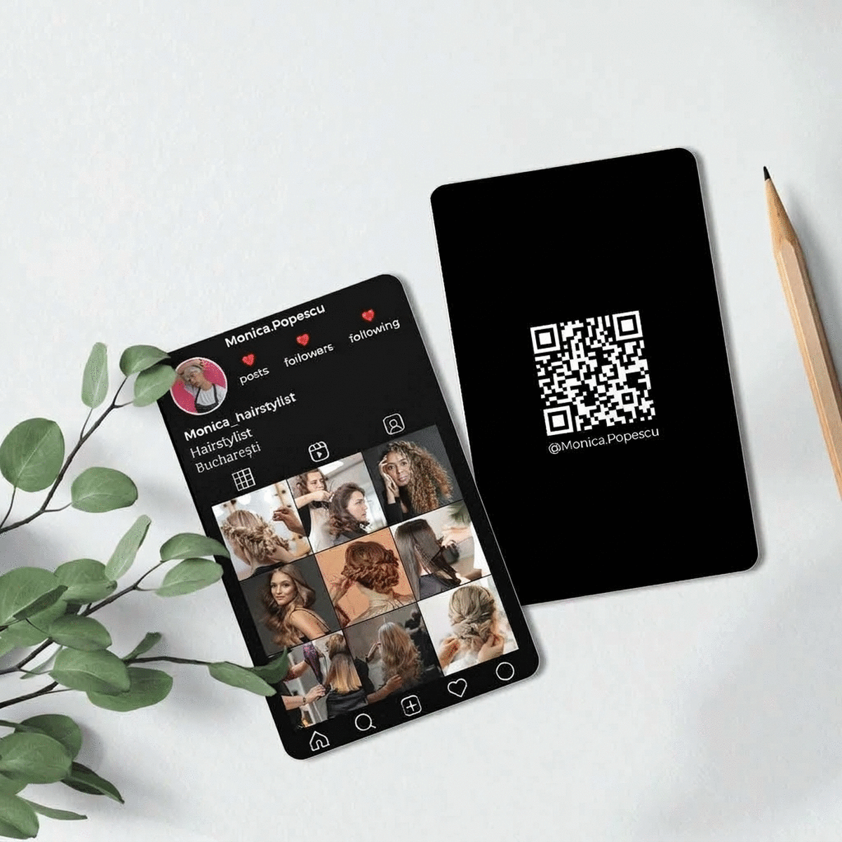 Biglietto da visita personalizzato in alluminio, fronte-retro, con codice QR, testo e foto - Instagr