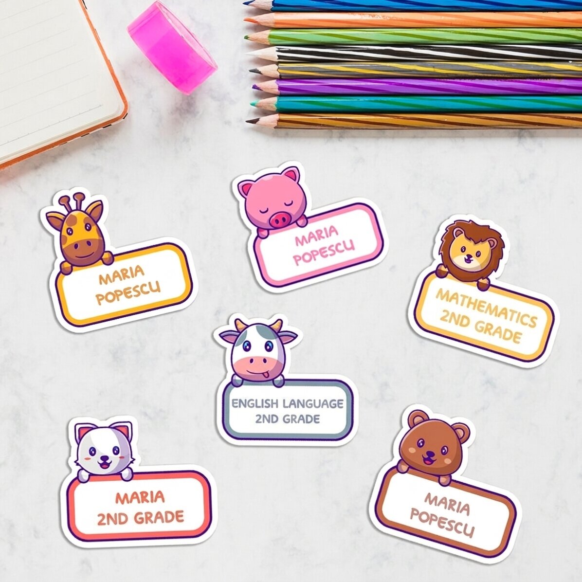 Set di 12 adesivi (etichette autoadesive) personalizzati per la scuola - Animalietti