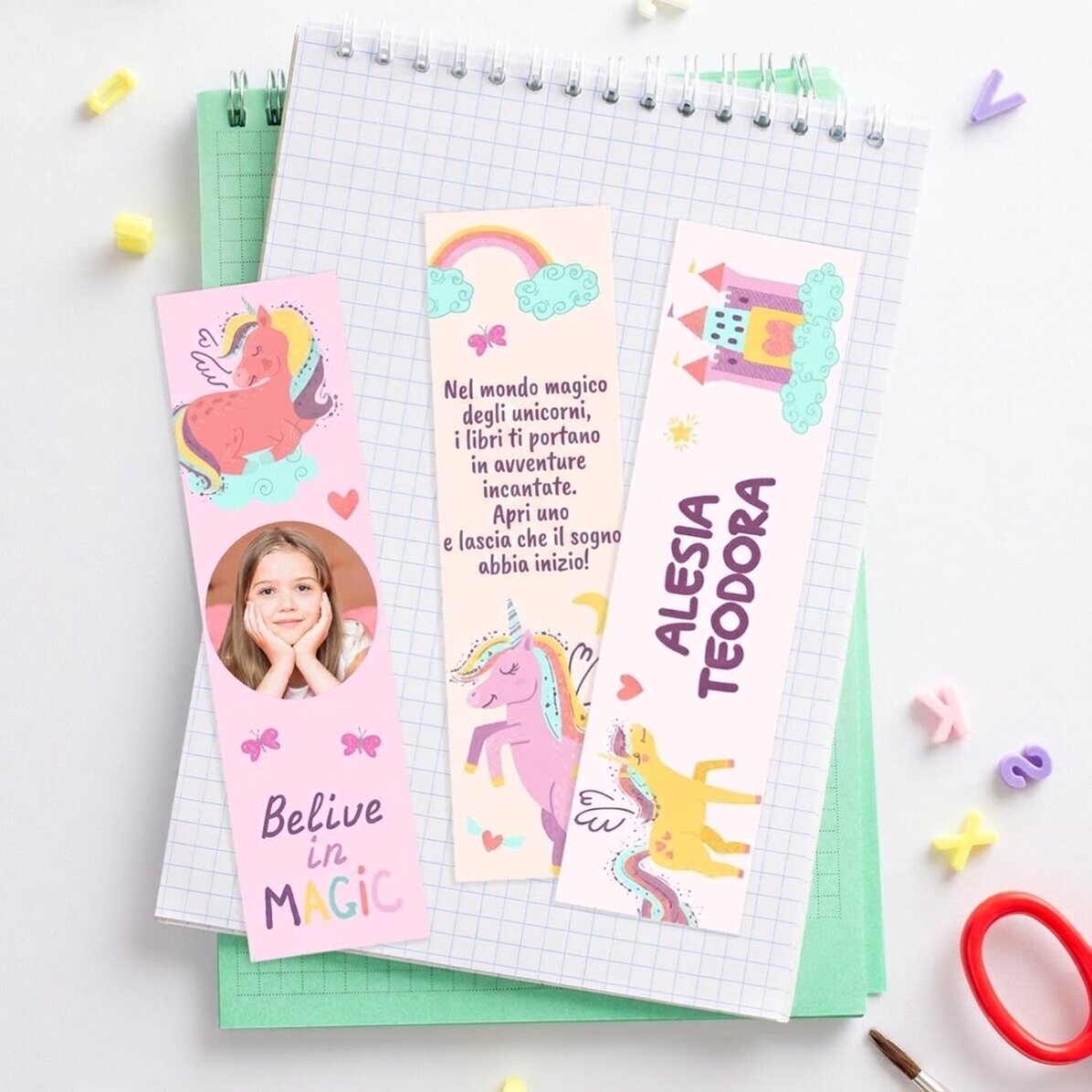 Set di 3 segnalibri personalizzati con foto, nome e testo - Unicorni