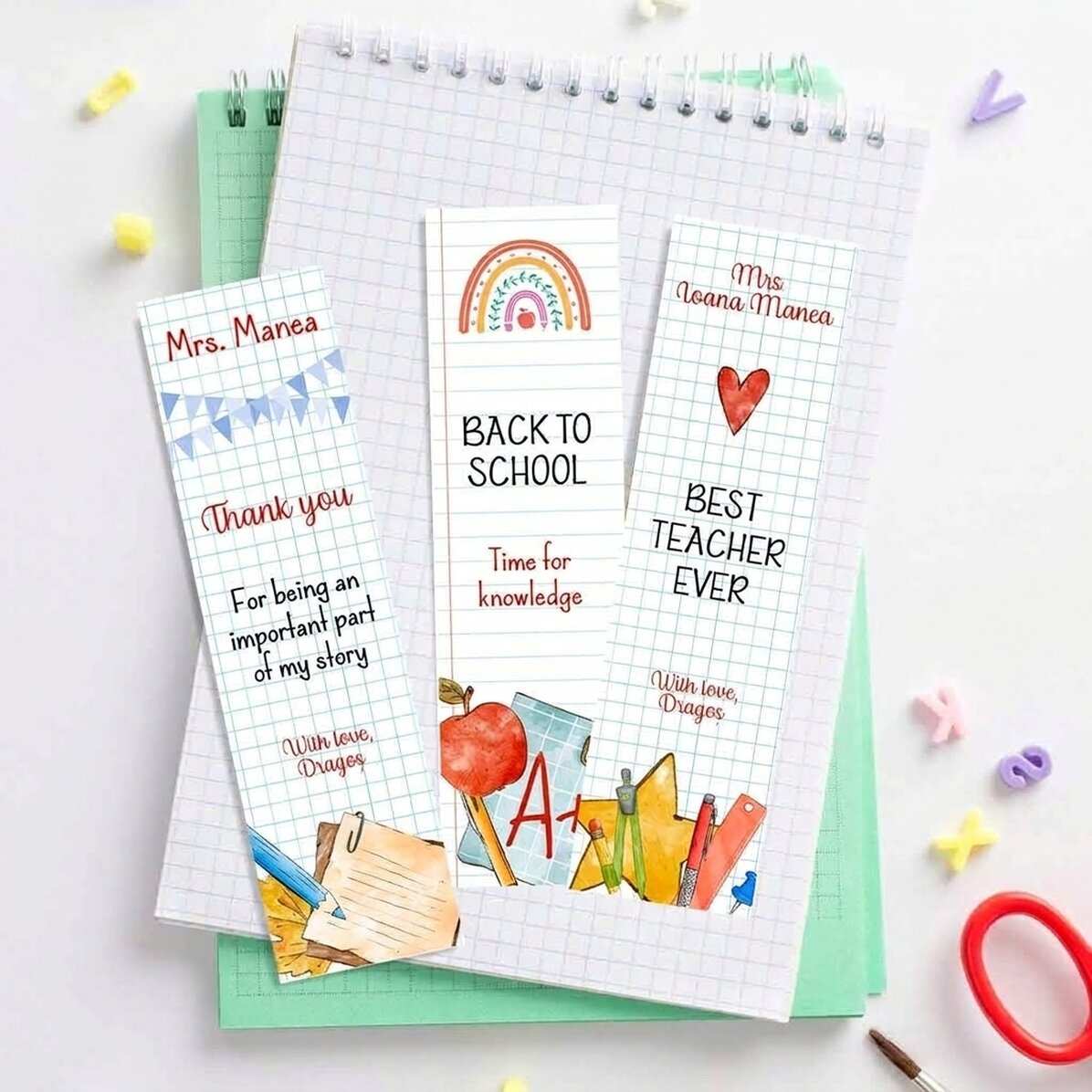 Set di 3 segnalibri personalizzati con messaggio - Insegnante