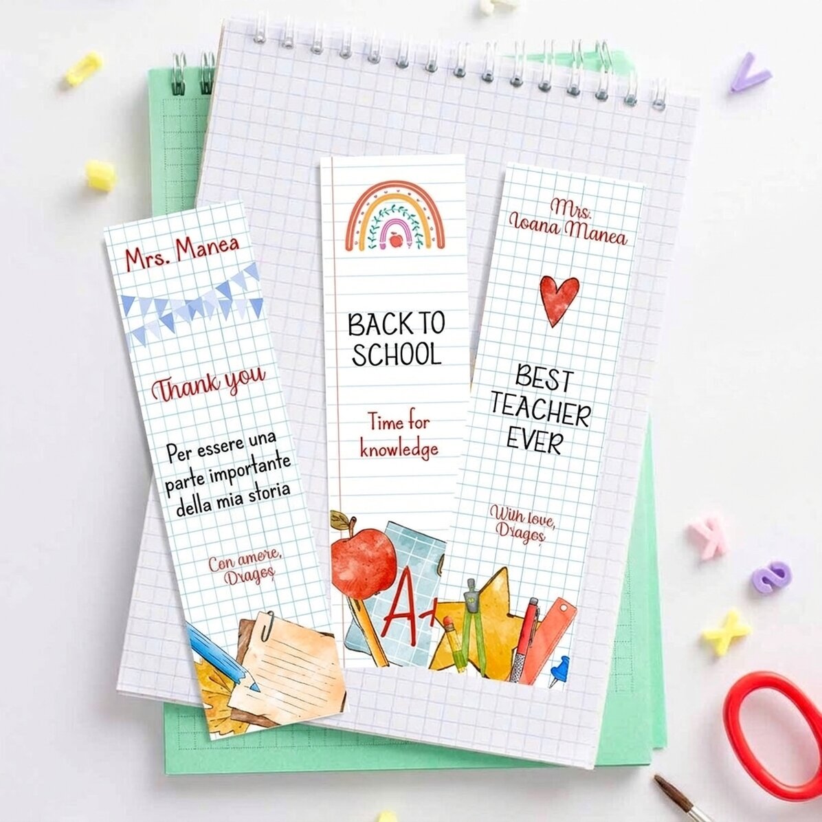 Set di 3 segnalibri personalizzati con messaggio - Insegnante