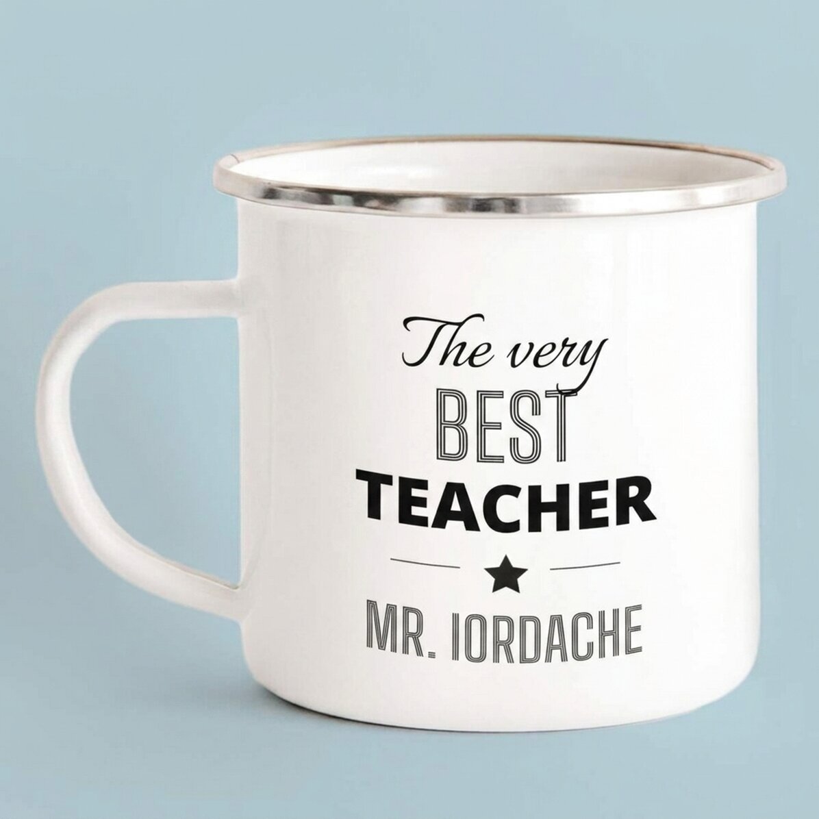 Tazza in metallo smaltato personalizzata con messaggio - Insegnante