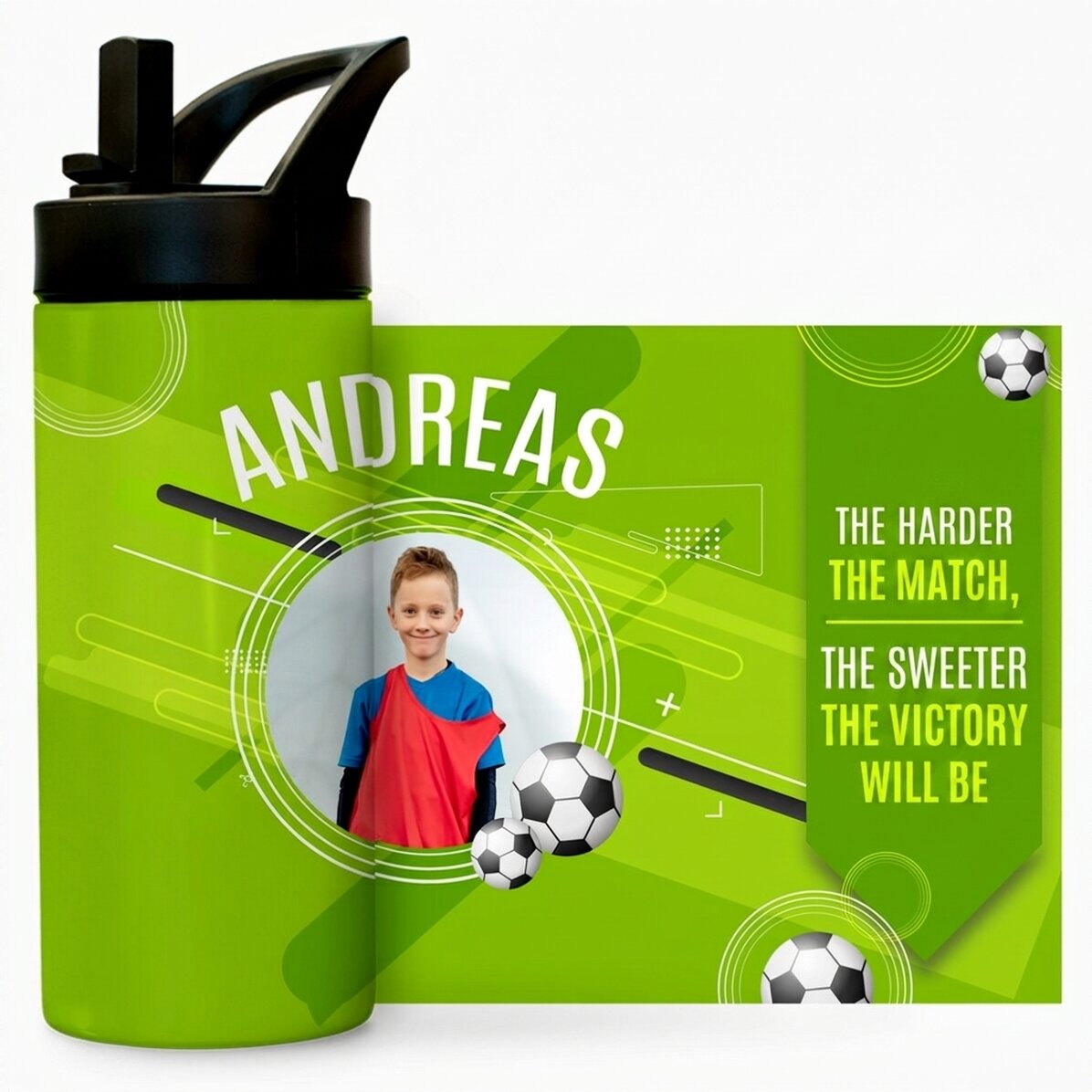 Thermos con manico e cannuccia personalizzato con testo e foto - Il piccolo calciatore