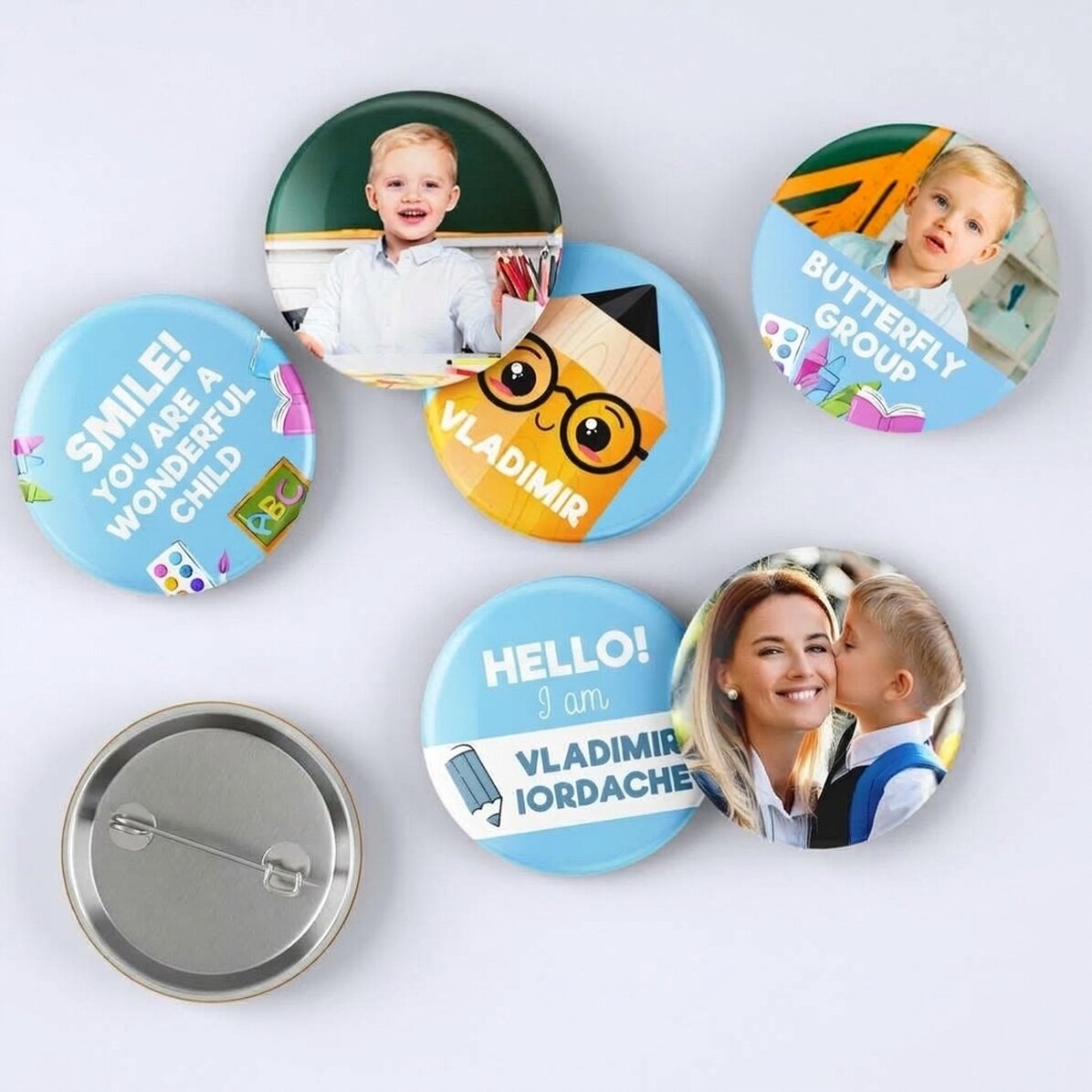 Set di 6 spille personalizzate con foto e messaggio - Ritorno a scuola