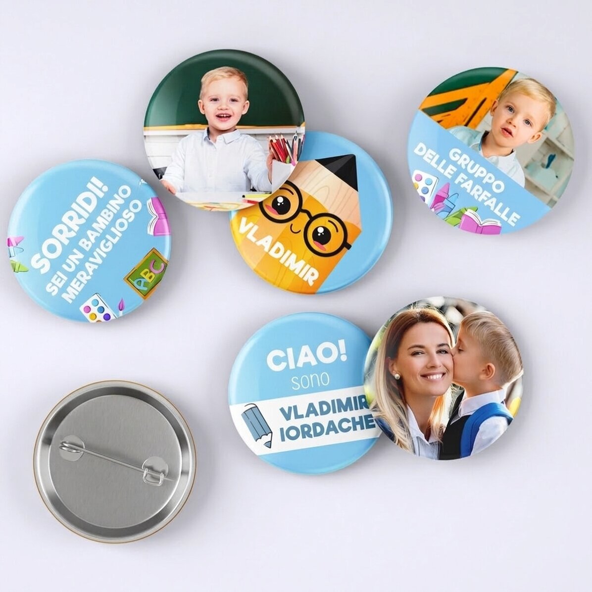 Set di 6 spille personalizzate con foto e messaggio - Ritorno a scuola