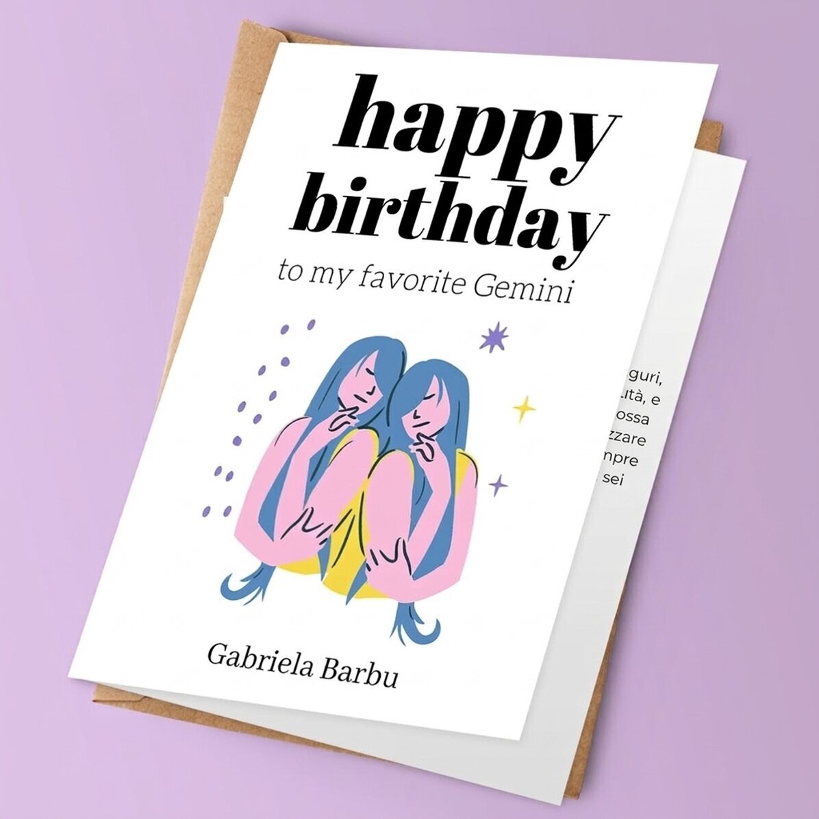 Biglietto di auguri personalizzato con testo - Segno zodiacale Gemelli