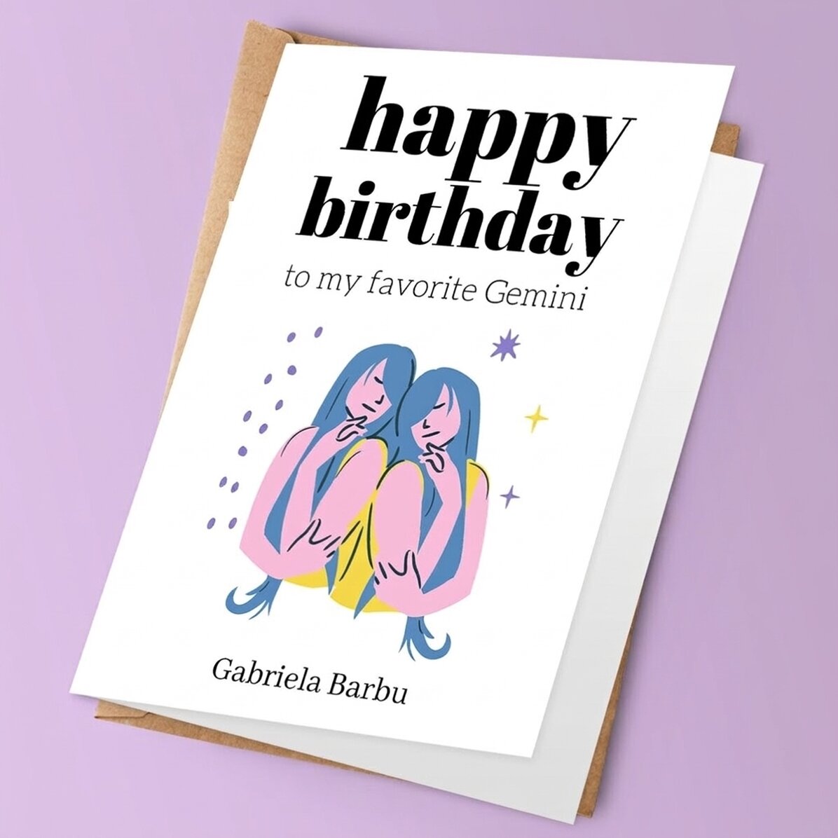 Biglietto di auguri personalizzato con testo - Segno zodiacale Gemelli
