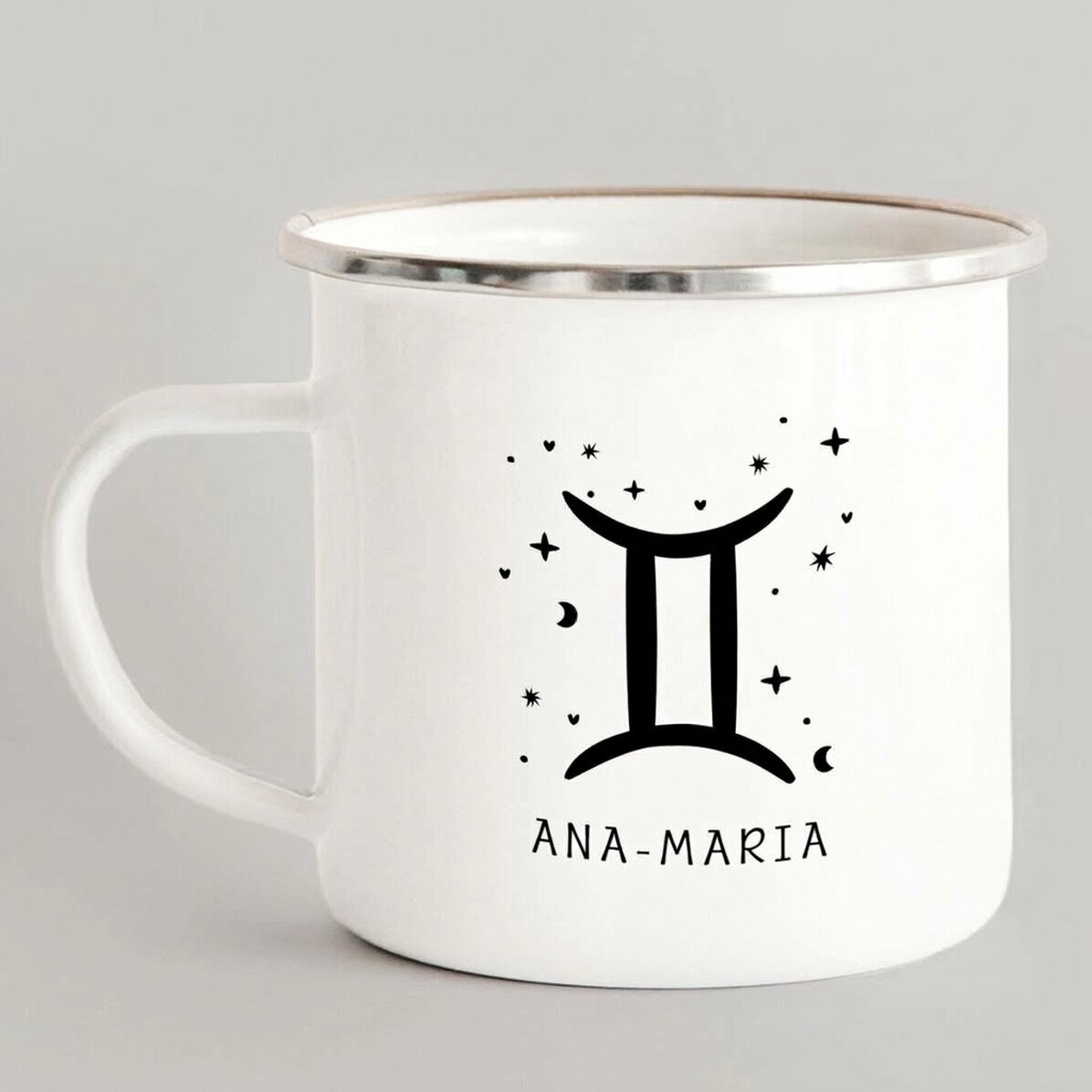 Tazza in metallo smaltato personalizzata con messaggio - Segno zodiacale Gemelli