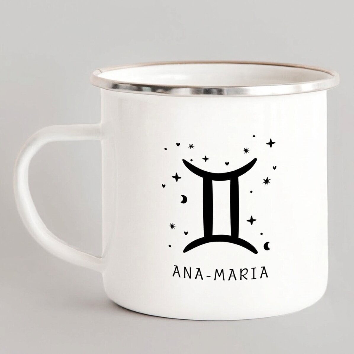Tazza in metallo smaltato personalizzata con messaggio - Segno zodiacale Gemelli