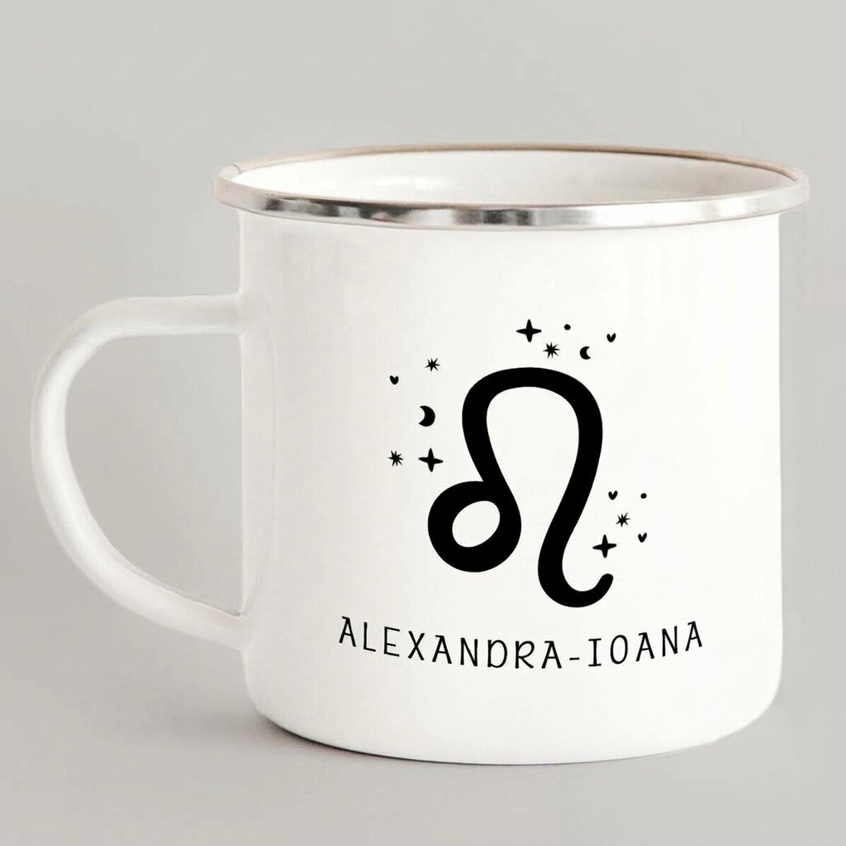 Tazza in metallo smaltato personalizzata con messaggio - Segno zodiacale Leone