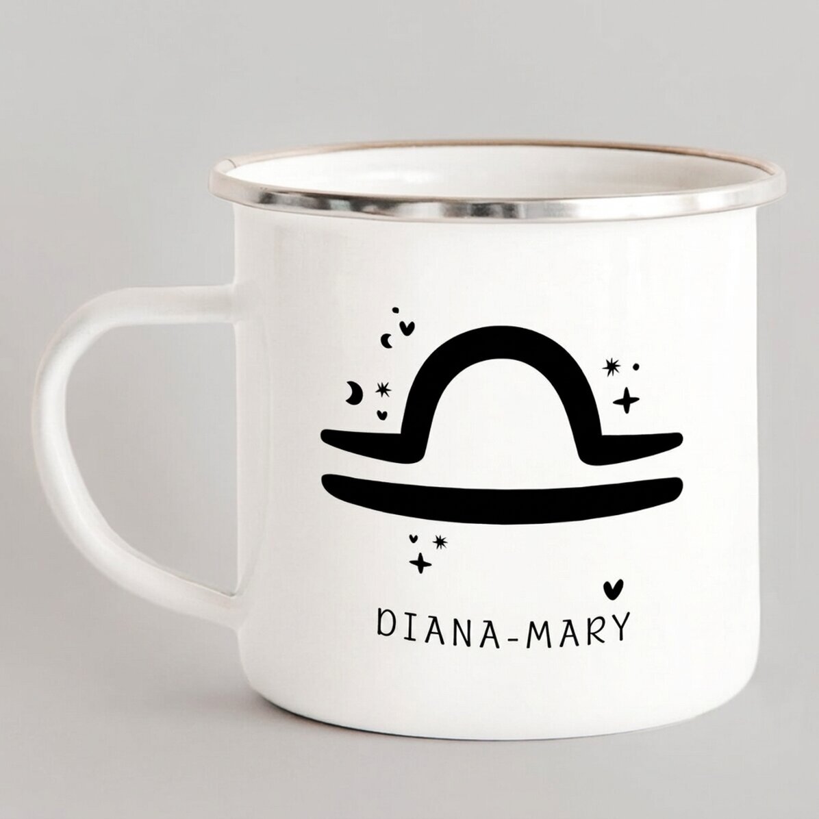 Tazza in metallo smaltato personalizzata con messaggio - Segno zodiacale Bilancia