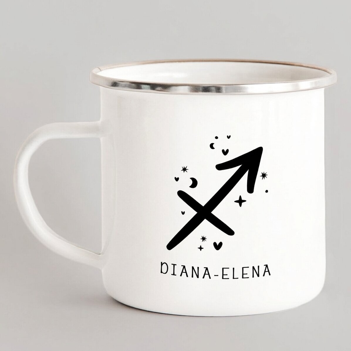 Tazza in metallo smaltato personalizzata con messaggio - Segno zodiacale del Sagittario