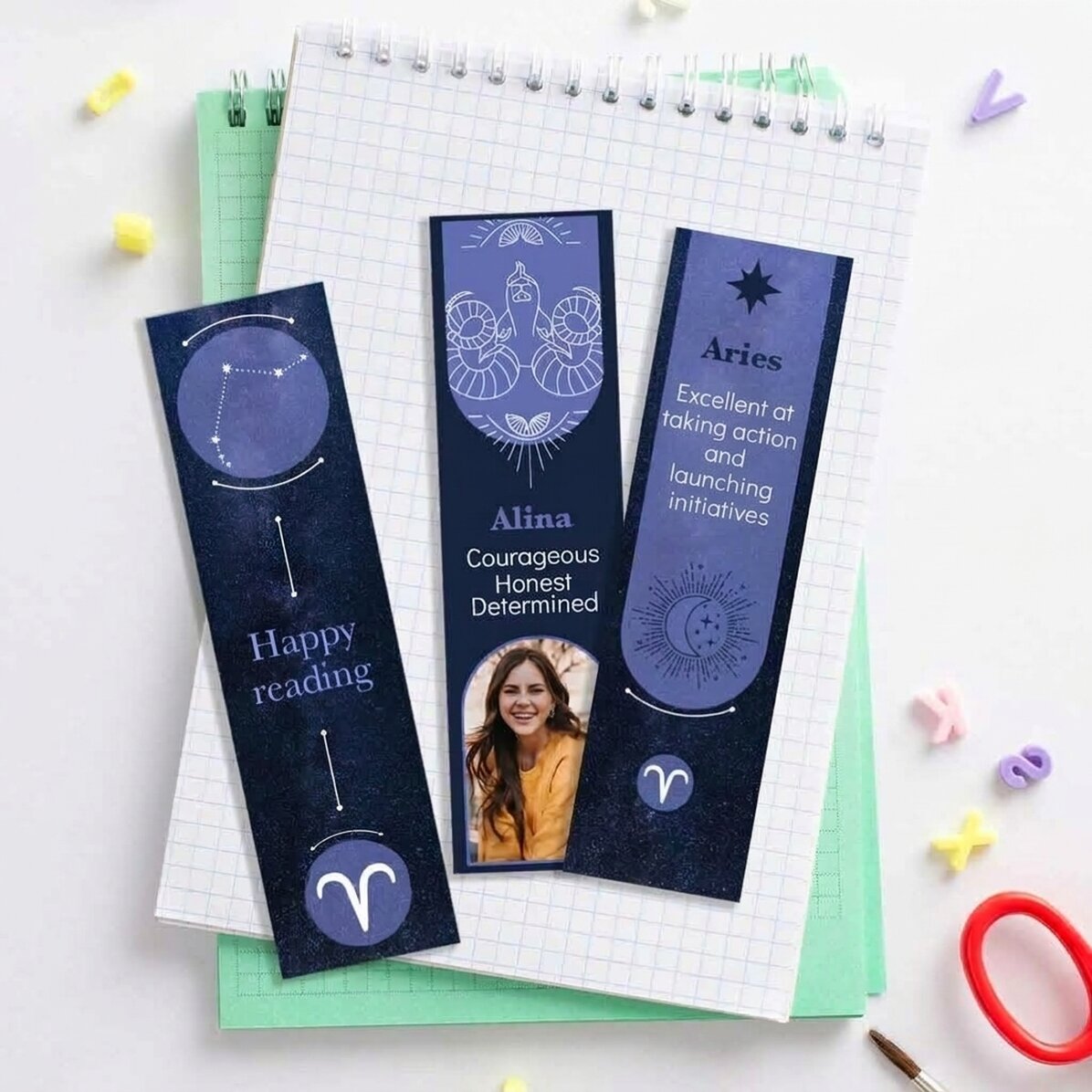 Set di 3 segnalibri personalizzati con messaggio e foto - Segno zodiacale