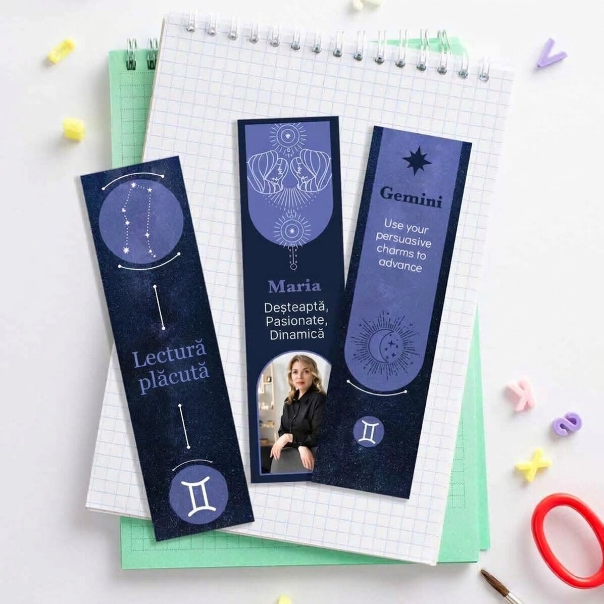 Set di 3 segnalibri personalizzati con messaggio e foto - Segno zodiacale Gemelli