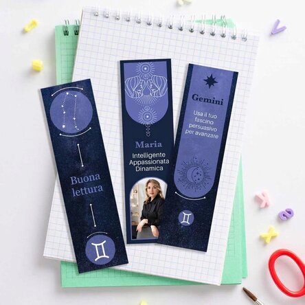 Set di 3 segnalibri personalizzati con messaggio e foto - Segno zodiacale Gemelli