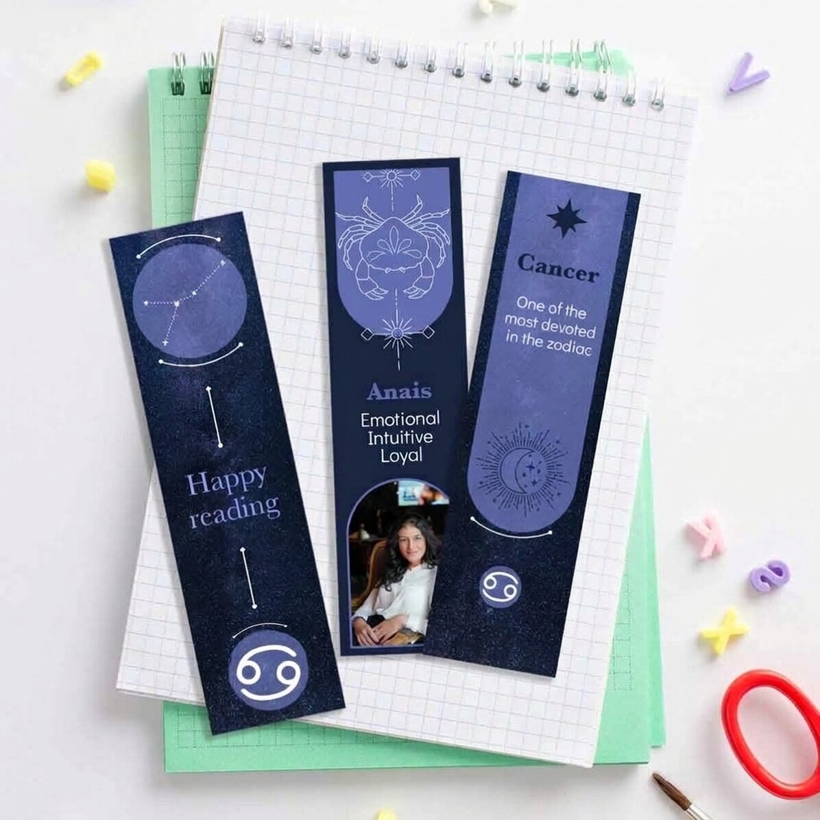 Set di 3 segnalibri personalizzati con messaggio e foto - Segno zodiacale Cancro