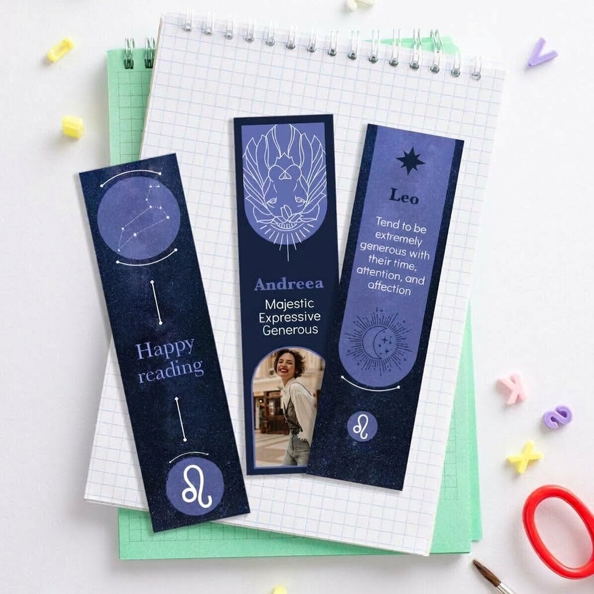 Set di 3 segnalibri personalizzati con messaggio e foto - Segno zodiacale Leone