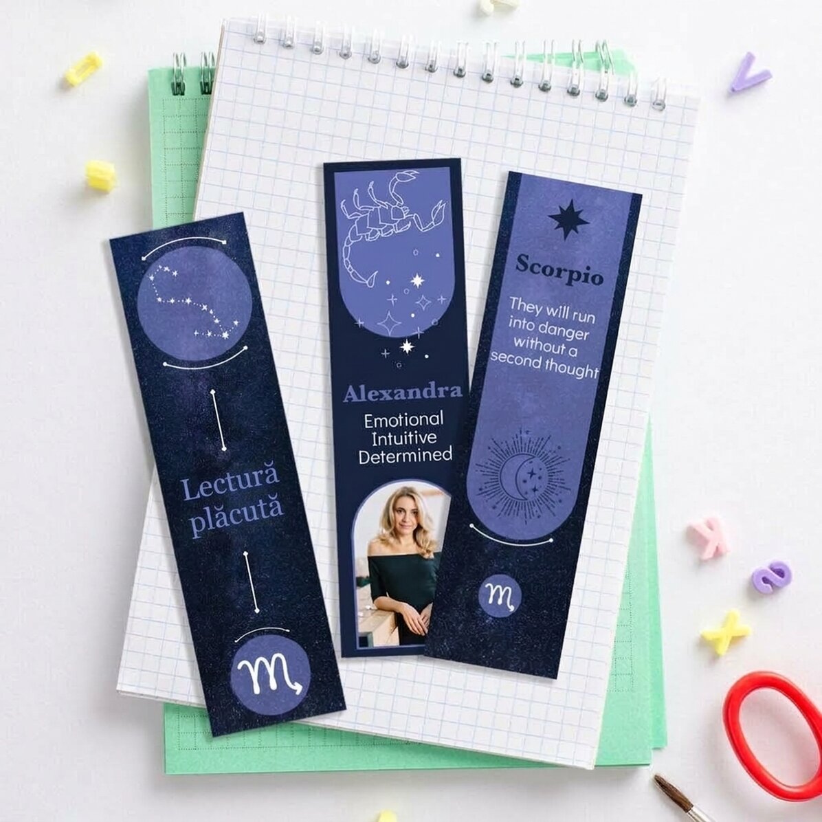 Set di 3 segnalibri personalizzati con messaggio e foto - Segno zodiacale dello Scorpione