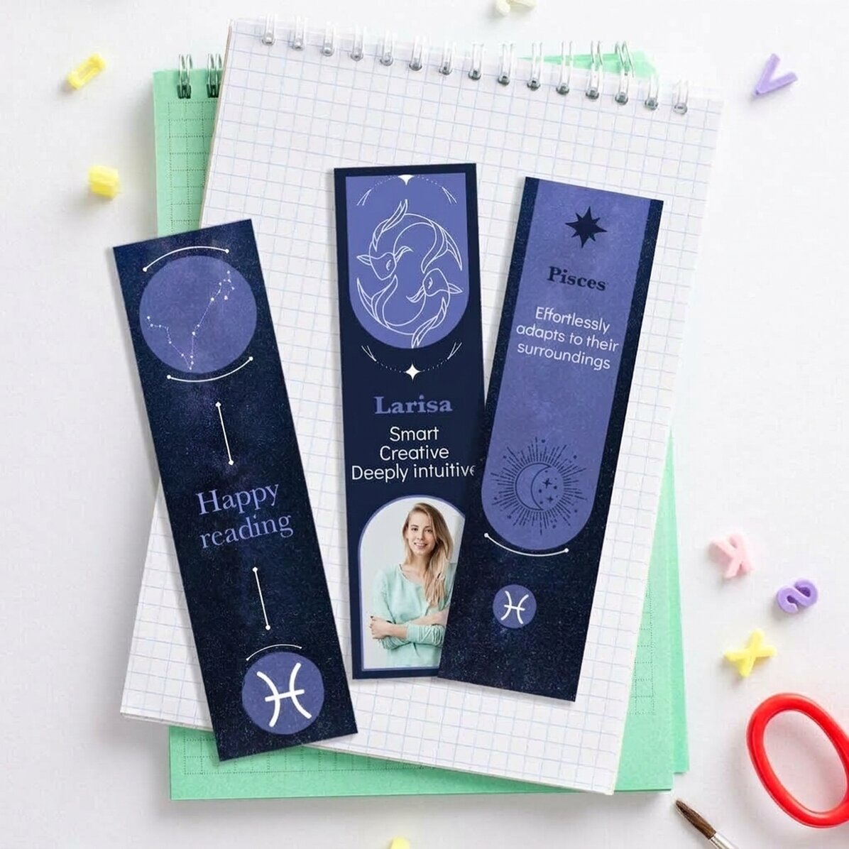Set di 3 segnalibri personalizzati con messaggio e foto - Segno zodiacale Pesci