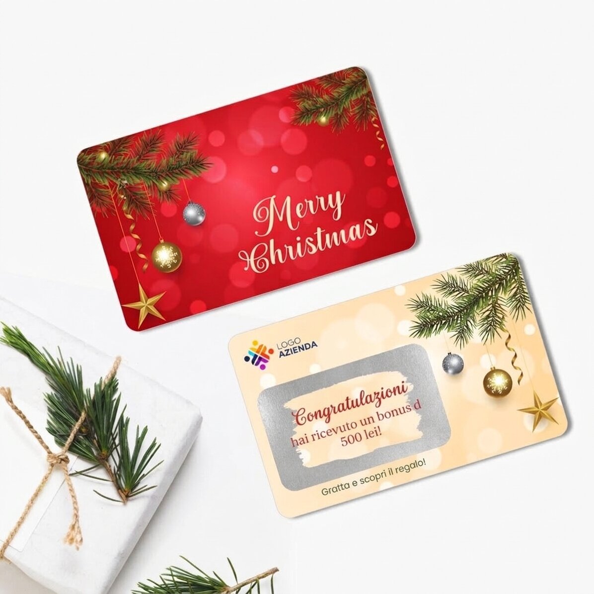 Tessera in alluminio personalizzata su entrambi i lati con messaggio e logo - Merry Christmas