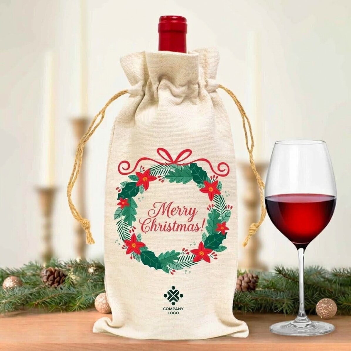 Sacchetto personalizzato per bottiglia di vino con logo e messaggio - Buon Natale!
