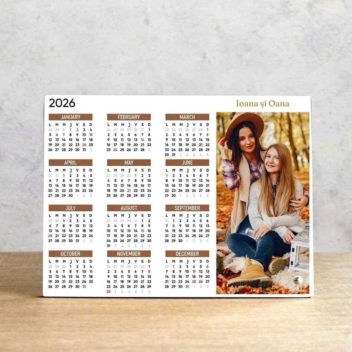Cornice da scrivania personalizzata con una foto, un testo e un calendario