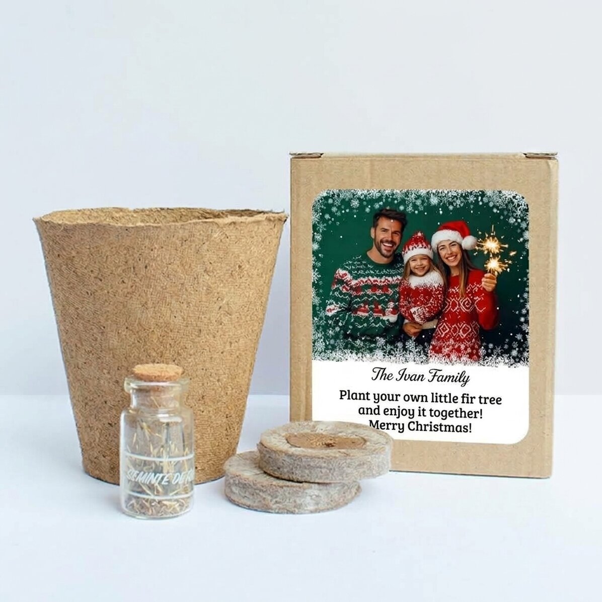 Kit per piantare semi di abete in una scatolina personalizzata con una foto e una dedica - Snowflake