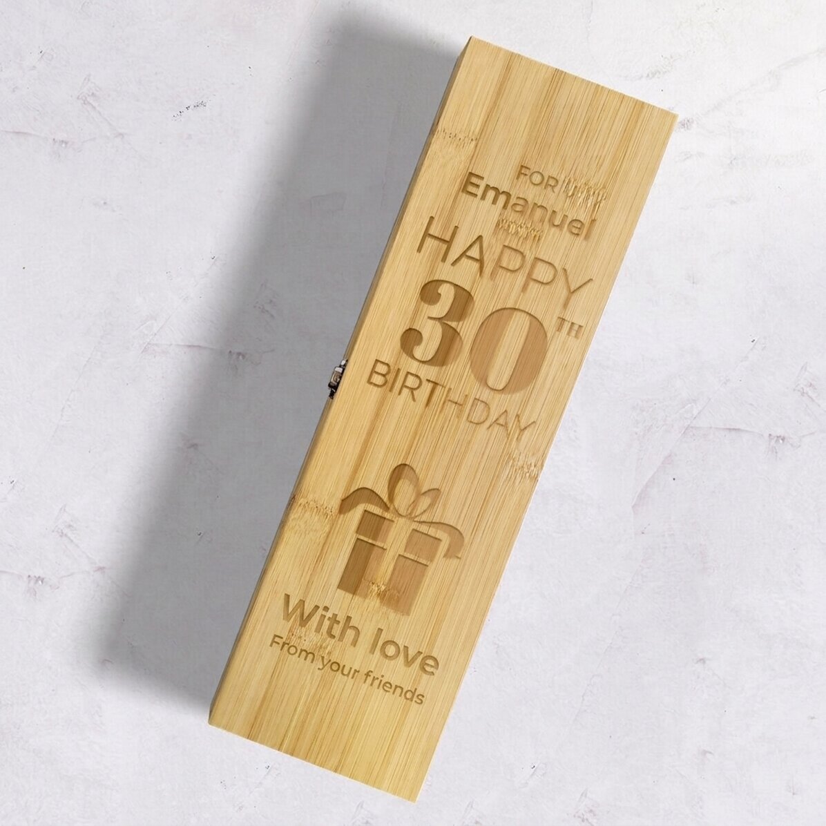 Scatola per vino in bambù con accessori, personalizzata con un messaggio - Regalo di compleanno