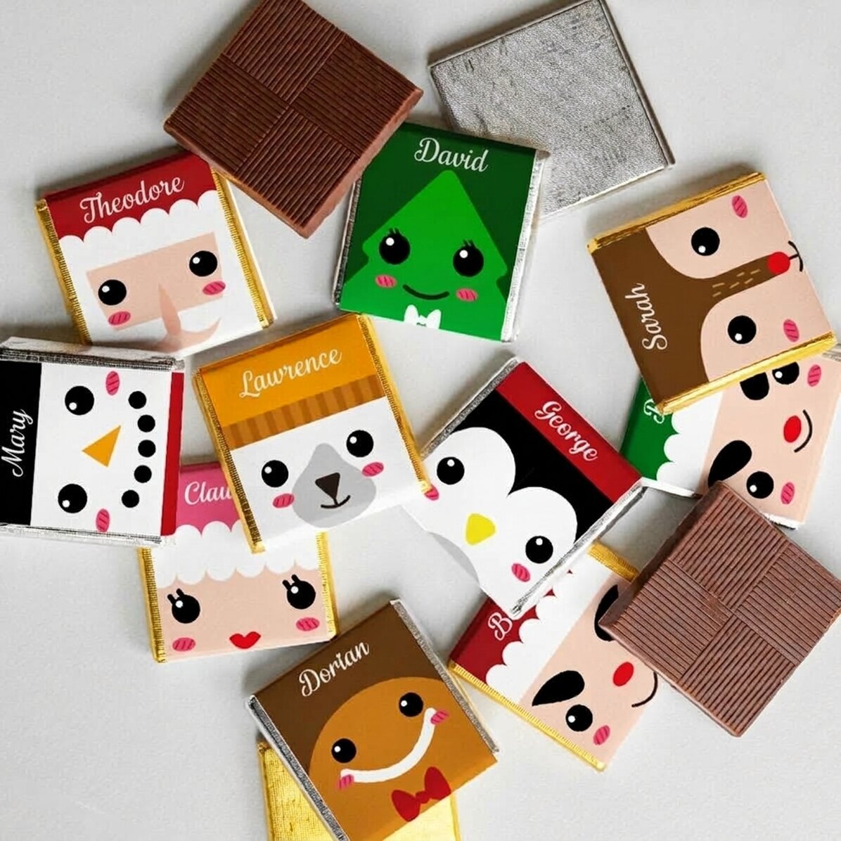 Set di 10 mini cioccolatini personalizzati con nome - Personaggi natalizi