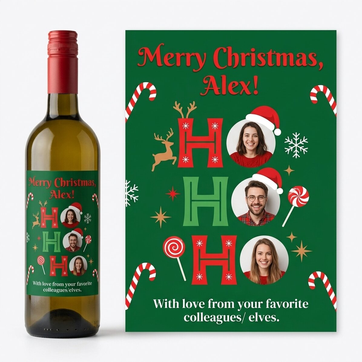Vino personalizzato con un messaggio e 3 foto natalizie - HO HO HO