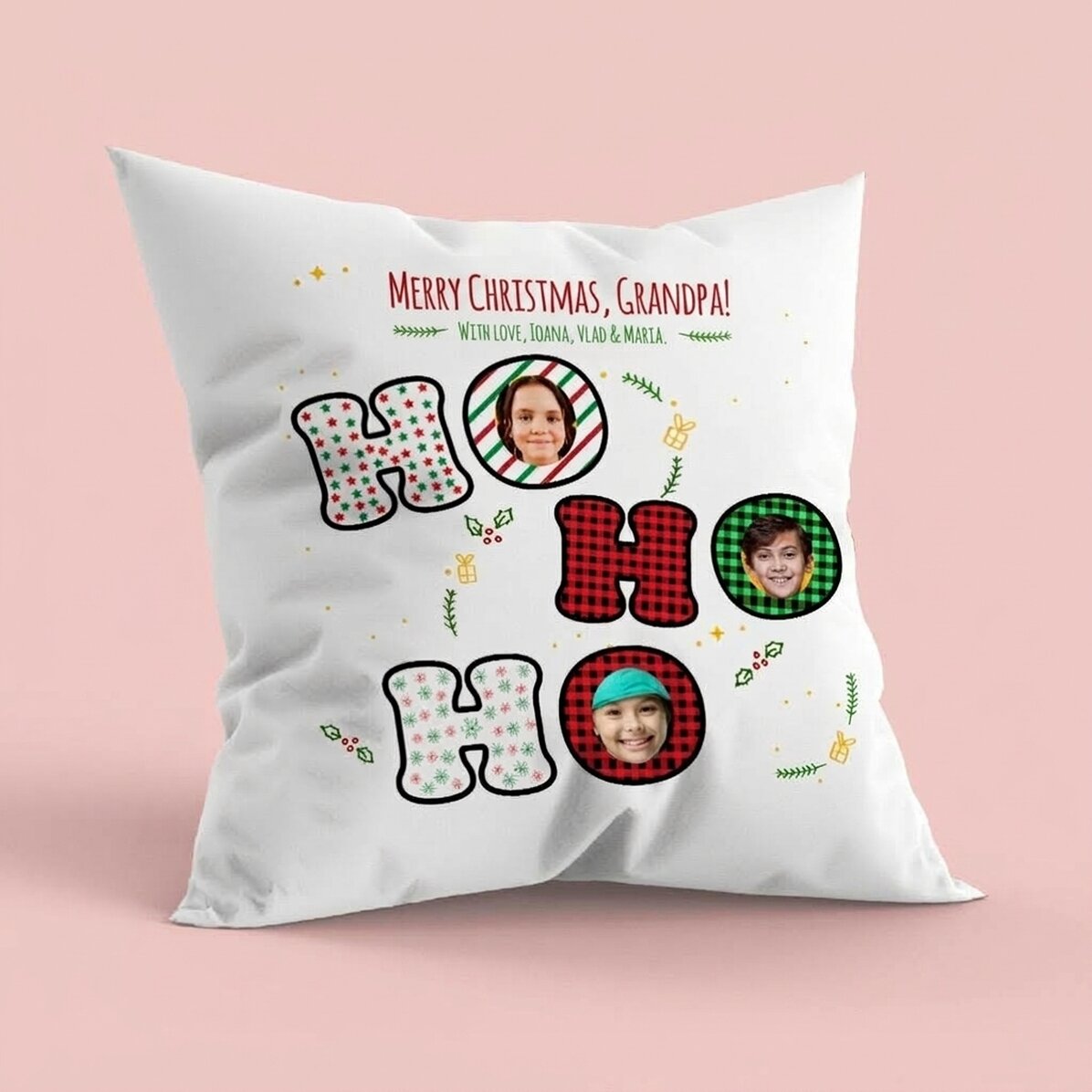 Cuscino personalizzato con foto, formato grande - HO HO HO