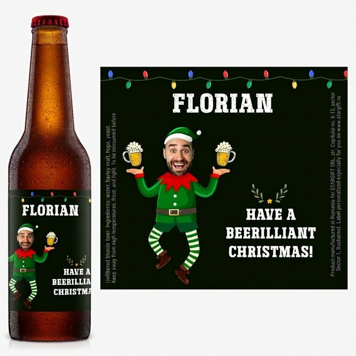 Birra personalizzata con foto e messaggio natalizio - Elfo