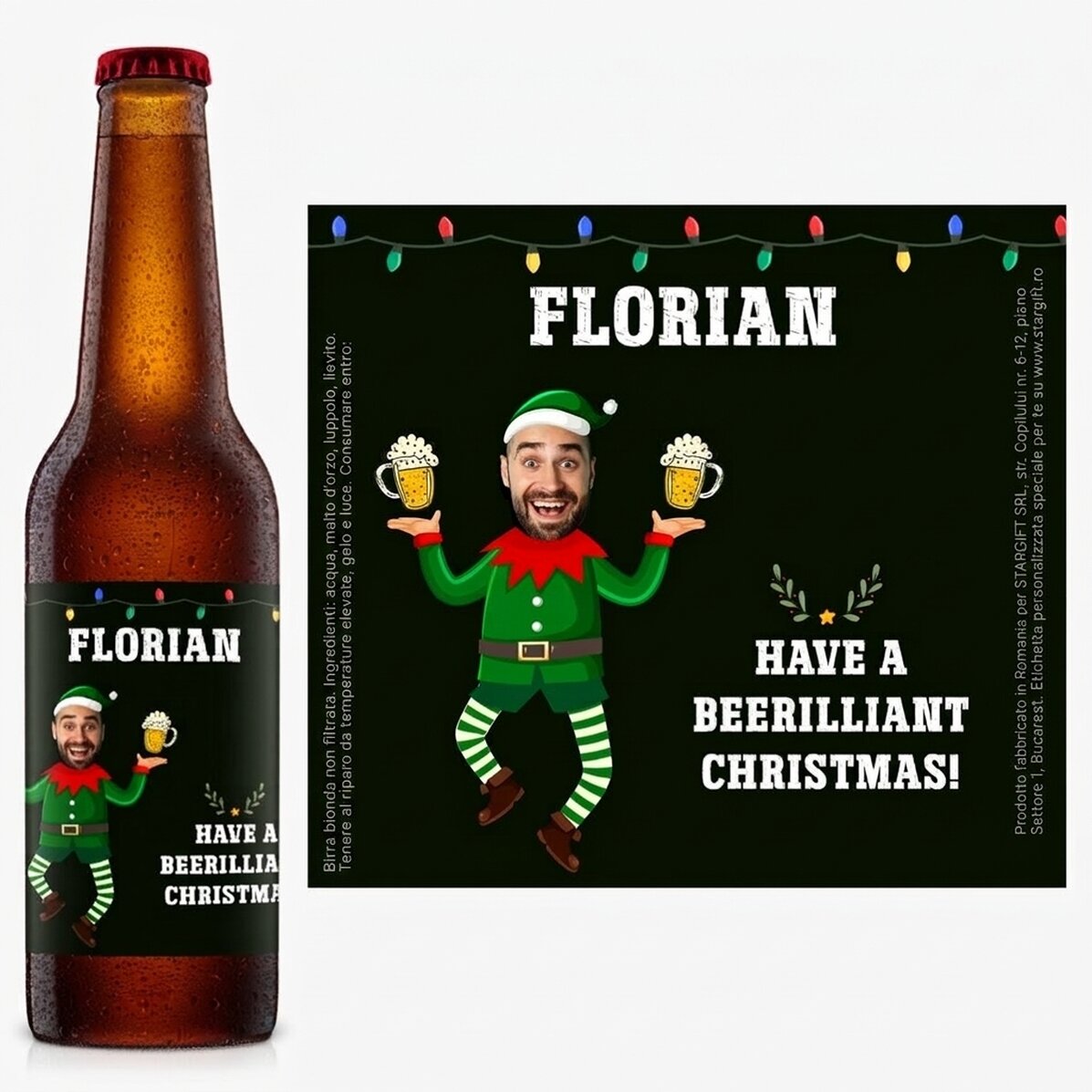 Birra personalizzata con foto e messaggio natalizio - Elfo