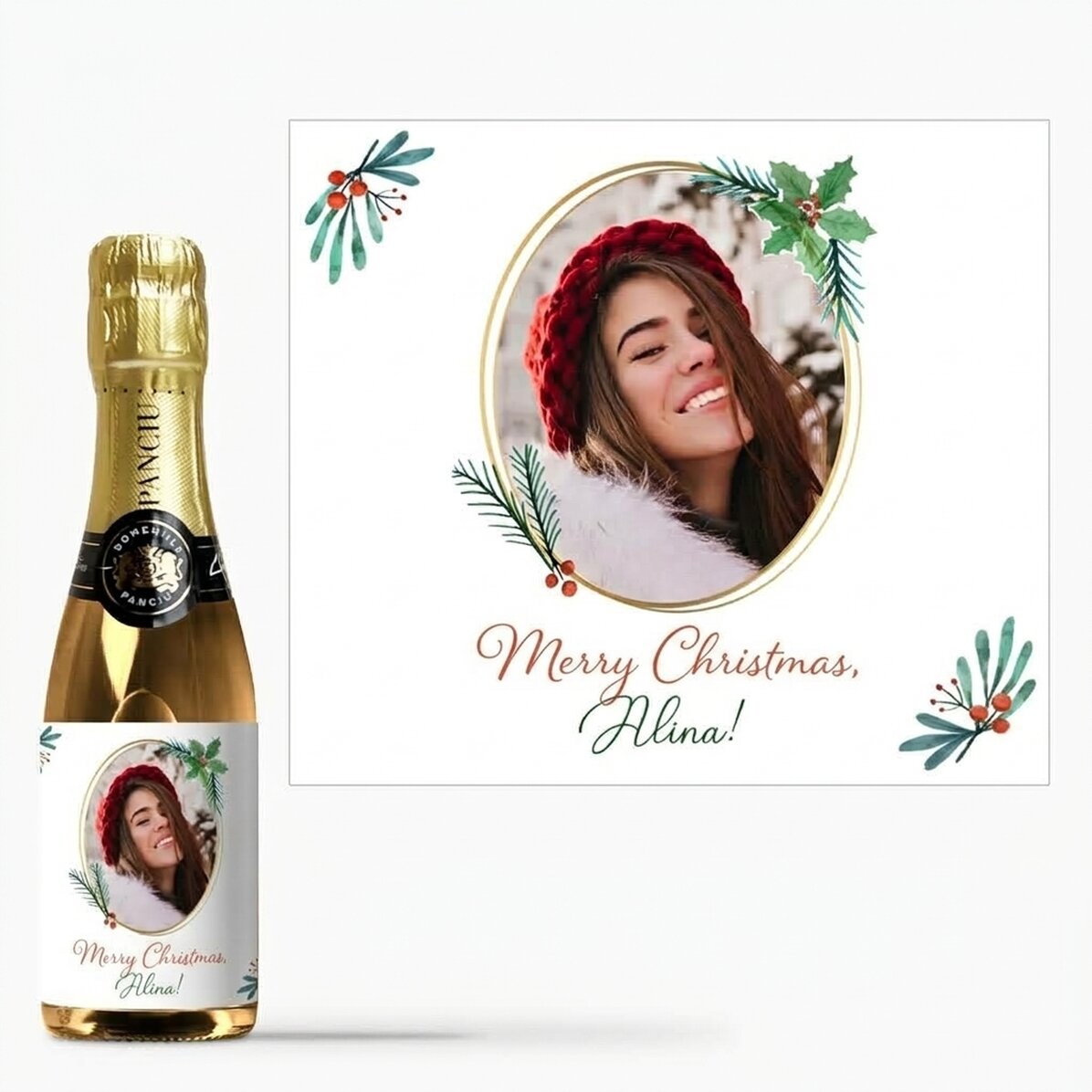 Mini bottiglia di spumante personalizzata con foto e messaggio natalizio
