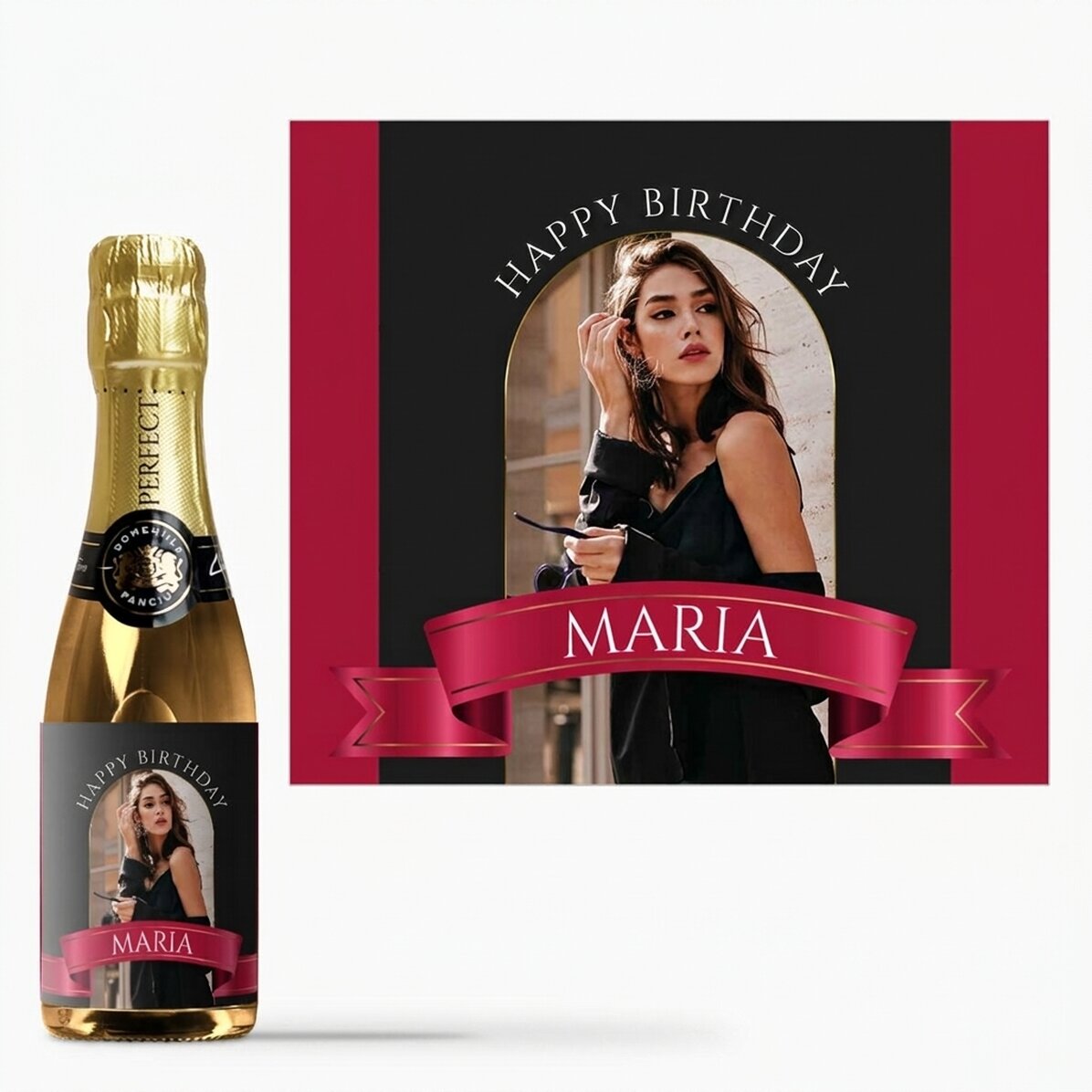 Mini bottiglia di spumante personalizzata con una foto e una scritta - Panglica