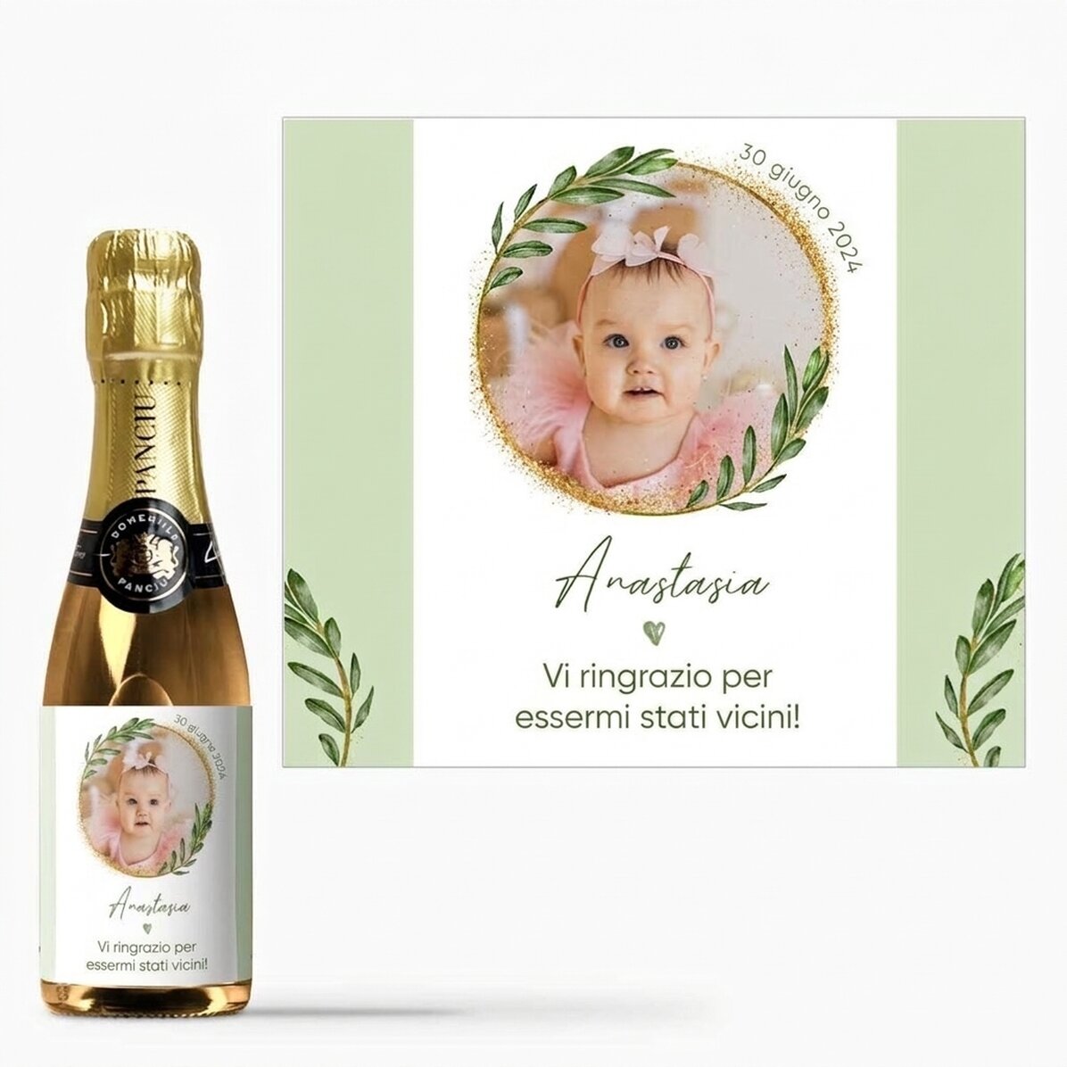 Mini bottiglia di spumante personalizzata con una foto e una dedica - Bomboniera per il battesimo
