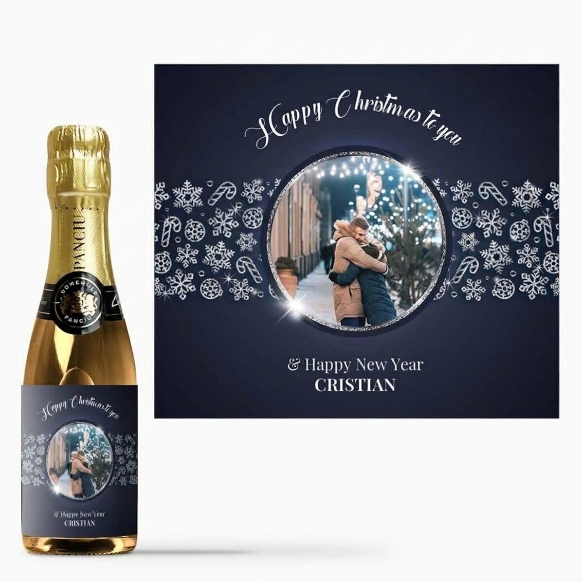 Mini bottiglia di spumante personalizzata con foto e testo - Shiny Snowflakes
