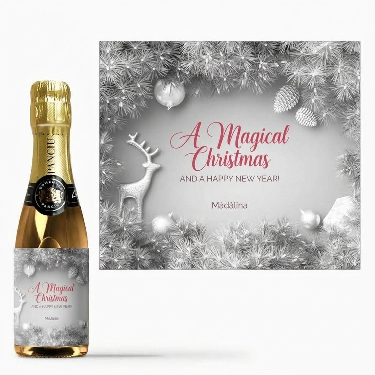 Mini bottiglia di spumante personalizzata con scritta - Silver Christmas