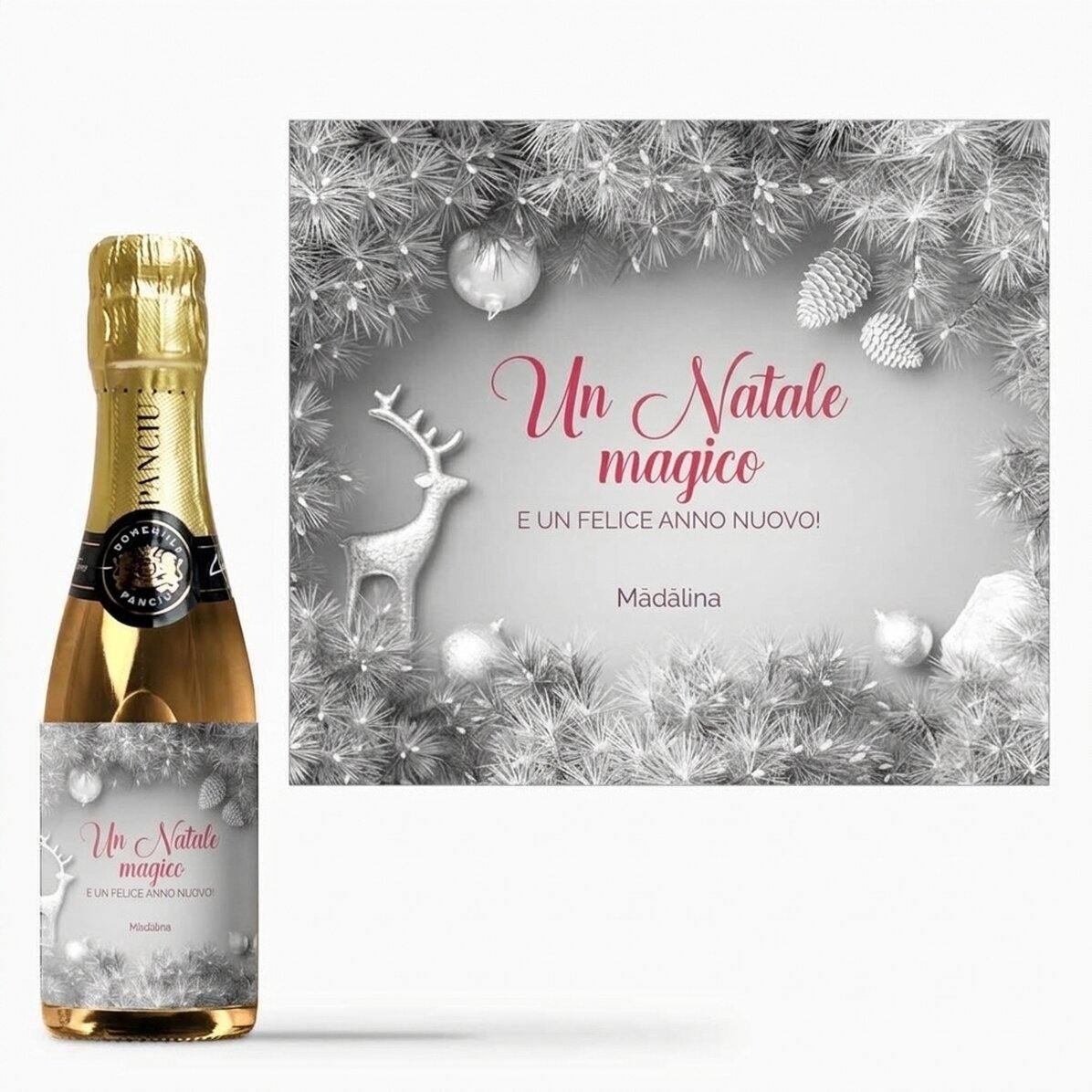 Mini bottiglia di spumante personalizzata con scritta - Silver Christmas