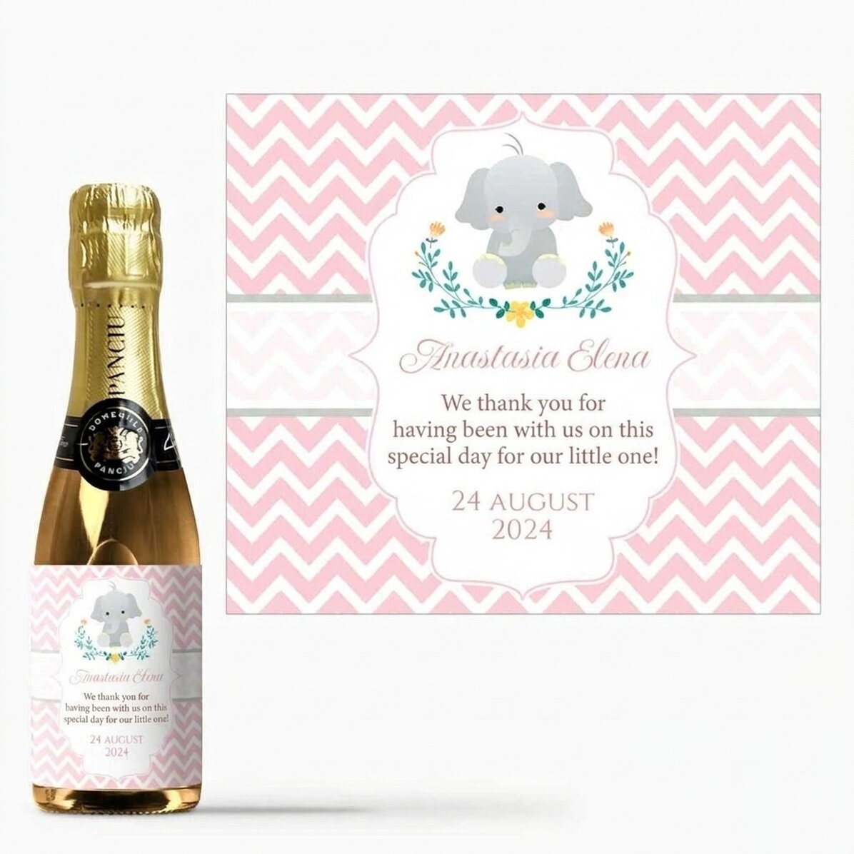 Mini bottiglia di spumante personalizzata con dedica per il battesimo - Elefante